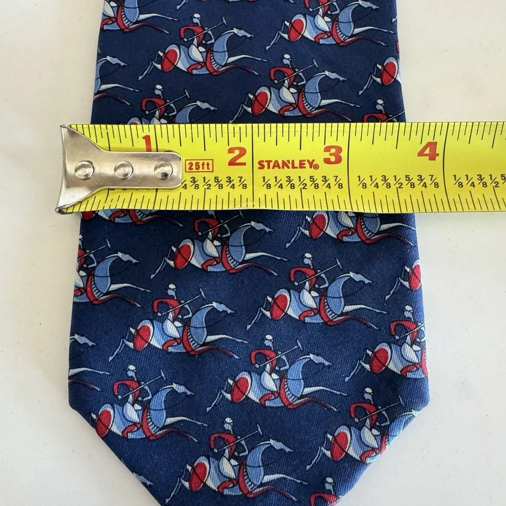 Salvatore Ferragamo Polo Player Necktie Mens OS Navy Blue Silk‎ Equestrian Italy